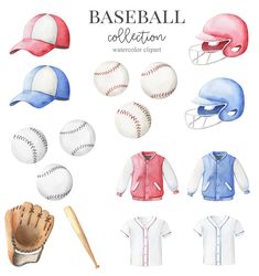 watercolor illustration of baseball uniforms and equipment for the game on white background with text that reads, baseball collection