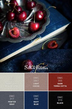 the color palette is dark blue, red, and white with some cherries on top