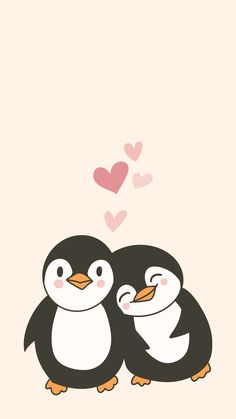 two penguins sitting next to each other on a pink background with hearts flying above them