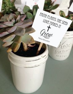 there is a small potted plant with a sign that says faith helps me seed love minds it grows