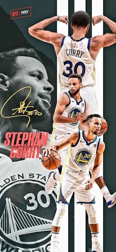 the golden state warriors and stephen curry collage in front of an image of basketball players