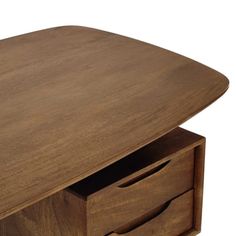 a wooden table with two drawers on it's sides and one drawer open to show the contents