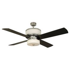 a white ceiling fan with black blades and a light on it's blade is shown