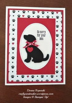 a card with a black dog and red ribbon on it's collar that says, so sorry for your dogs