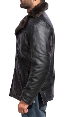 A warm, rugged looking blacke shearling leather coat. (For Leather Lover's Only) 100% Genuine First Quality Nappa Sheepskin Leather Smooth, soft leather, Classic style Completely lined in Black artificial shearling (other colors available upon request Button up front 3 outside and 2 inside pockets Made in Pakistan Our Black Shearling lined Leather Coat is a top of the line, first quality Nappa sheepskin mens leather jacket. Soft and smooth. Style: KKJM002 See all our Shearling styles, Click Here Black Leather Lined Winter Outerwear, Black Leather-lined Winter Outerwear, Black Leather Fur Coat For Cold Weather, Black Leather Jacket With Horn Buttons For Winter, Lined Leather Jacket, Mens Leather Jacket, Mens Leather Coats, Custom Leather Jackets, Black Leather Coat