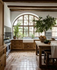 a kitchen with an arched window and tiled flooring is pictured in this image, there are potted plants on the counter