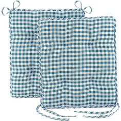 two blue and white checkered cushions with ties on each side, one in the shape of a square