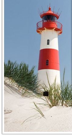 a red and white lighthouse sitting on top of a sandy beach next to tall grass