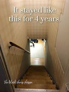 Basement stairwell in need of renovation. Bare Stairs Ideas, Cellar Stairs Ideas Basements, Narrow Stairs Decor, Wallpaper For Basement Stairs, Space Above Basement Stairs, Stair Loft Ideas, Entry With Stairs To Basement, Stairs Down To Basement, Basement Staircase Wall Ideas