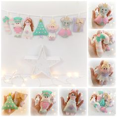 a collage of handmade christmas decorations and stuffed animals with lights on the wall