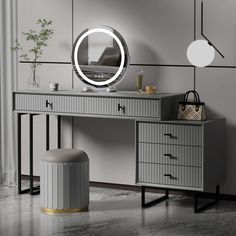 a dressing table with a round mirror on it