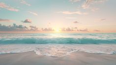 the sun is setting over the ocean with waves crashing on the shore and clouds in the sky