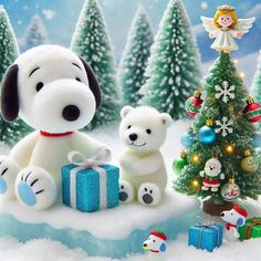 a christmas scene with a white dog and two bears sitting in front of a tree