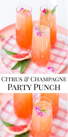 citrus and champagne party punch with grapefruits on the rim, garnished with pink flowers