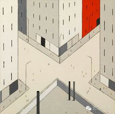 an abstract painting with red and grey buildings