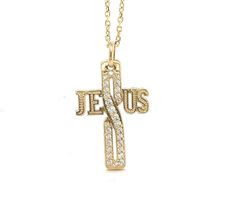 Elevate your faith and style with this stunning 14K Real gold cross pendant. This exquisite piece features a beautifully crafted cross, intricately lined with shimmering white cubic zirconia stones that catch the light with every move. The word "JESUS" is elegantly integrated into the design, with the letter "S" uniquely entwined with the cross, creating a captivating and meaningful statement. Perfect for everyday wear or special occasions, this pendant is a testament to your faith and a sophist Yellow Gold Cross Charms For Baptism, Yellow Gold Cross For Baptism, Gold Cross Jewelry For Baptism, Engraved Cross Jewelry For First Communion, Elegant Cross Charms For First Communion, White Gold Cross Jewelry For Baptism, Elegant Cross Jewelry And Charms For First Communion, Elegant Cross-shaped Jewelry For First Communion, Personalized Yellow Gold Cross Pendant Jewelry