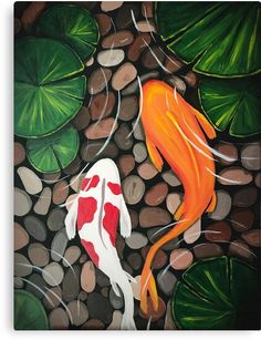 an acrylic painting of two koi fish in a pond