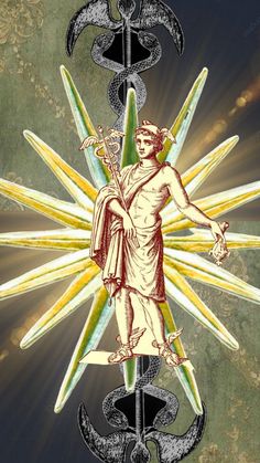 an image of a man holding two swords in front of the sun with other symbols around him