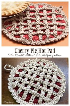 crocheted pie cover is shown with the words cherry pie hot pad