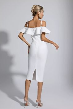 Elegant White Off-shoulder Bodycon Dress, Elegant Off-shoulder Fitted Bandage Dress, Elegant Bandage Midi Dress For Cocktail, Elegant Off-shoulder Summer Bandage Dress, Elegant Off-shoulder Bandage Dress For Summer, Elegant Bandage Midi Dress For Date Night, Elegant Knee-length Bandage Dress, Elegant Bandage Bodycon Cocktail Dress, Elegant Midi-length Bandage Bodycon Dress