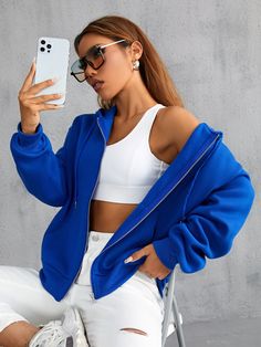 Royal Blue Casual  Long Sleeve Polyester Plain Zip Up Embellished Slight Stretch Spring/Fall Women Sweatshirts Blue Hoodie Outfit, Royal Blue Outfits, Royal Blue Jacket, Style Bleu, Jacket Outfit Women, Drop Shoulder Hoodie, Thermal Hoodie, Azul Royal, Blue Hoodie