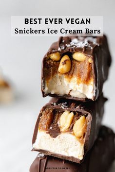 the best ever vegan snickkers ice cream bars are stacked on top of each other