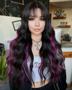 Black Hair W Colored Highlights, Unique Dark Hair Color Ideas Brunettes, Black Hair With Pink And Purple Streaks, Dark Hair With Color Streak, Black Hair With A Pop Of Color, Hair Colors With Black, Colored Highlights On Black Hair, Long Dyed Hair Ideas, Black Hair With Color Highlights