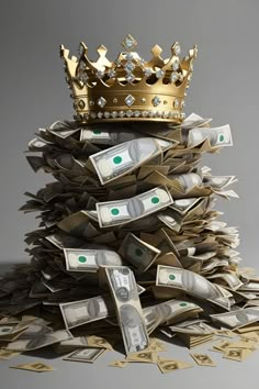 a pile of money sitting next to a crown on top of it's head