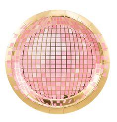 a pink and gold plate on a white background