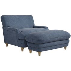 a blue chaise lounge chair with wooden legs