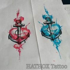 two watercolor tattoos with an anchor and heart on them, both painted in different colors