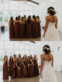 the bridesmaids are all dressed in brown dresses