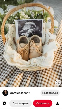 a basket filled with shoes sitting on top of a checkered cloth covered tablecloth