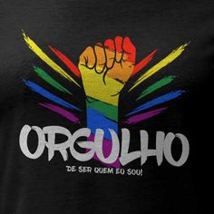 a man wearing a black shirt with the word orohilo written in rainbow colors