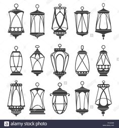 different types of lanterns hanging from the ceiling in black and white stock photo - royalty image