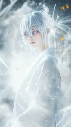 an anime character with white hair and blue eyes standing in front of snow flakes