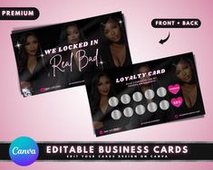 two business cards with the same image as well as an advertise for beauty products