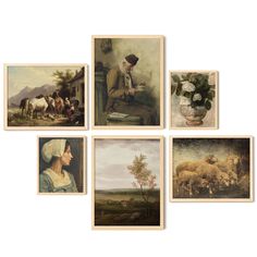 four paintings of people and animals in different styles