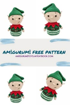 four amigurmi elfs with green hats and red bows are shown in three different photos