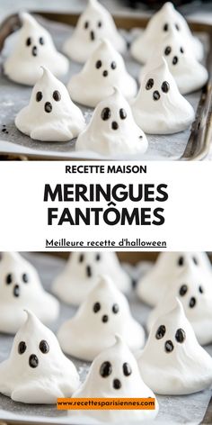 some white frosted treats with black dots on them and the words, meringues fantomes