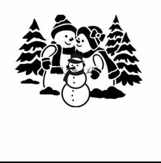 two snowmen in the woods with trees