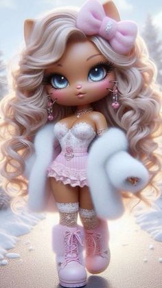 a close up of a doll with very big blue eyes and blonde hair wearing pink boots