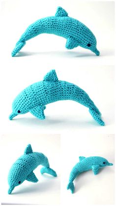 crocheted dolphin figurines are shown in three different positions