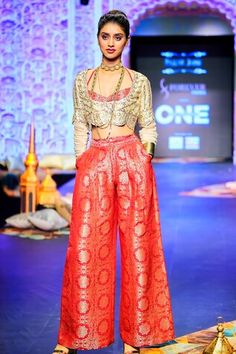 Red flared pant in brocade base. Comes with matching red jama blouse and an ivory gota patti, resham embroidered koti. - Aza Fashions Traditional Red Pants For Festive Occasions, Traditional Red Festive Pants, Red Flare, Women Kurta, Set Women, Pant Set, Aza Fashion, Flare Pants, Fashion Set