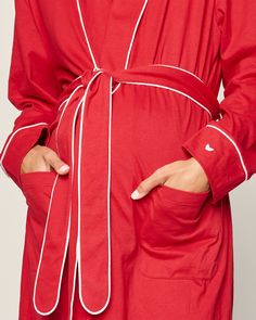 This maternity robe is roomy, comfortable and buttery soft, with a length that falls below the knee for ease of movement, these robes include all the lovely details (chic piping on the cuffs, generous sash) that grace our classic pajama silhouettes. For thousands of years, Pima cotton has been considered royalty in the realm of textiles. This design features 100% yarn-dyed Peruvian Pima, meaning your cherished pieces will stay buttery and breathable, with a reduced risk of fading, pilling, or wr Red Spring Robe For Loungewear, Classic Pajamas, Loungewear Dresses, French Stripes, Cotton Pajama Sets, Contrast Piping, Linen Shop, Cozy Fits, Matches Fashion