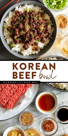 korean beef bowl with rice, meat and sauces on the side is shown in this collage