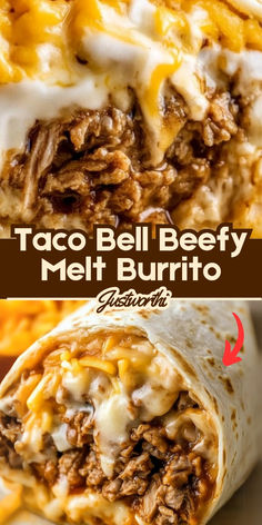 the taco bell beef burrito is cut in half and ready to be eaten