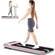 a woman is walking on a treadmill