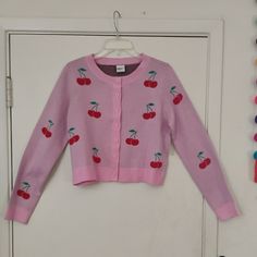 Pink Cherry Cardigan Nwt Size Large Button Front Acrylic Trendy Spring Sweater With Button Cuffs, Cotton Button-up Sweater With Buttons, Cute Winter Button-up Cardigan, Cute Button-up Winter Sweater, Cute Cotton Cardigan With Button Closure, Cute Button-up Sweater For Winter, Cute Button-up Fall Cardigan, Cute Button-up Cardigan For Fall, Trendy Red Sweater With Buttons