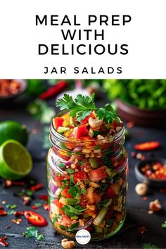 a jar filled with vegetables and garnished with cilantro